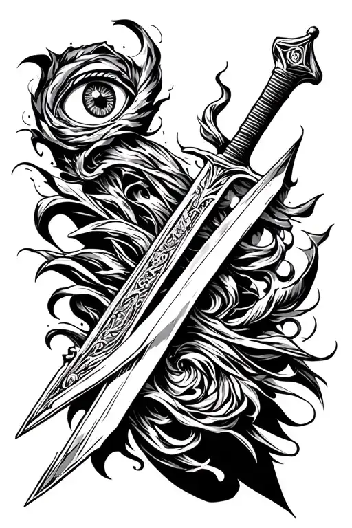 A Sword With A Long Blade And A Sketch -Style Handle With An Eye In The Center