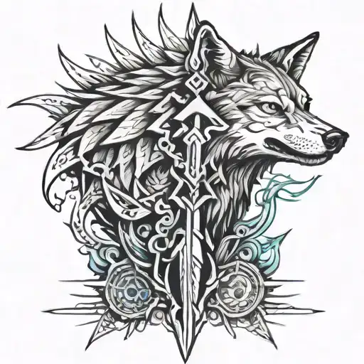 Tattoo Design For Men On Chest Using Kunai And A Wolf