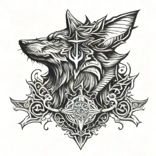 Tattoo Design For Men On Chest Using Kunai And A Wolf