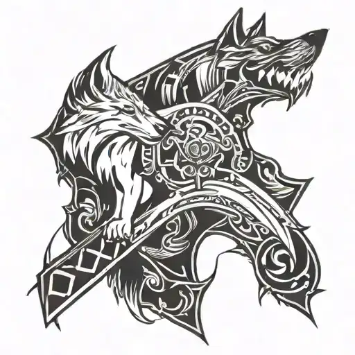 Tattoo Design For Men On Chest Using Kunai Knife And A Wolf