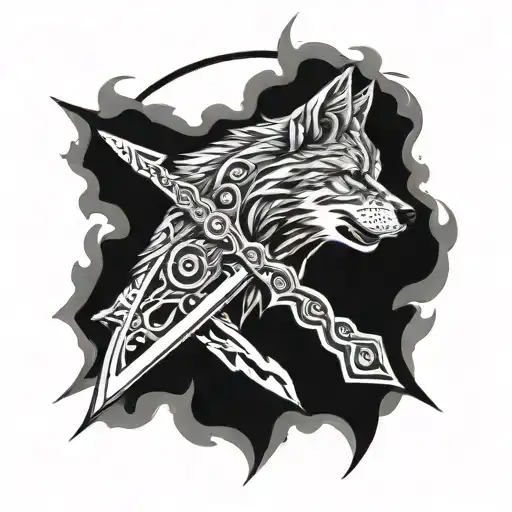 Tattoo Design For Men On Chest Using Kunai Knife And A Wolf