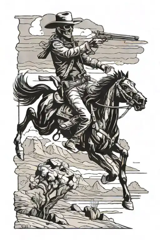 Skeleton Cowboy Shooting Revolver While Riding A Black Horse Over Desert Scene
