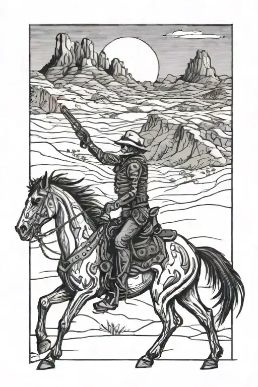 Skeleton Cowboy Shotting Revolver On Horseback Facing Left Infront Of A Desert Scene
