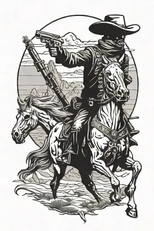Skeleton Cowboy Aiming Pistol On Horseback Facing Left In A Desert Scene