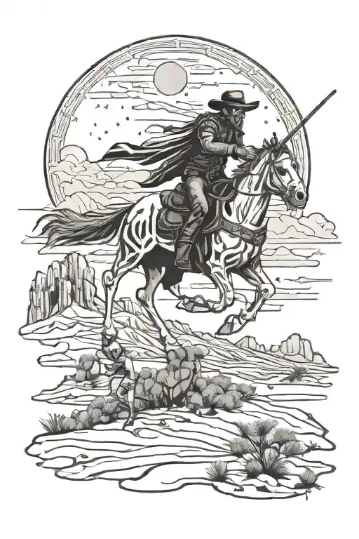 Cowboy Skeleton Aiming Pistol On Horseback In A Desert Scene