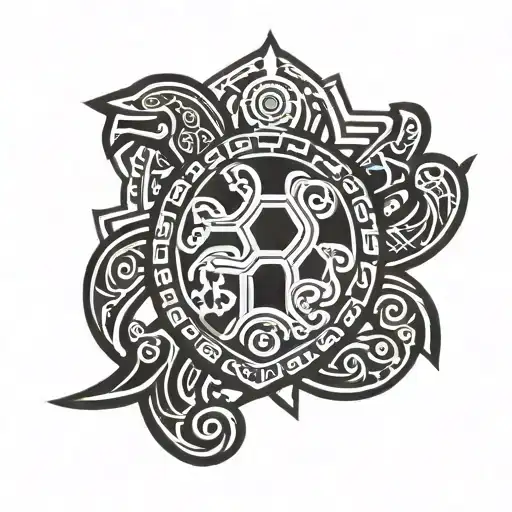 A Stylized Tribal Tattoo Combining Gym Symbols And Military Insignia With A Turtle Centerpiece