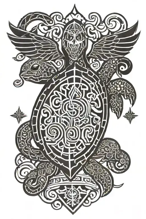 A Stylized Tribal Tattoo Combining Gym Symbols And Military Insignia With A Turtle Centerpiece