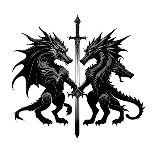 Dragon And Wolf Facing Each Other Center Have A Sword Design From Game Of Throne
