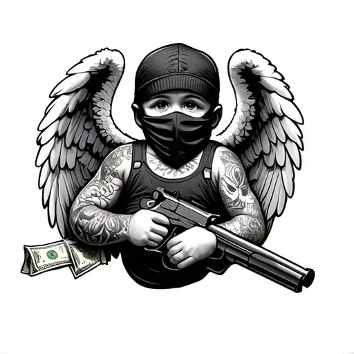 Tattooed Gangster Baby Angel With Ski Mask Holding A Gun And A Bag Of Money