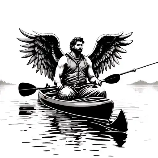 Man With Angel Wings Sitting In A Kayak Fishing