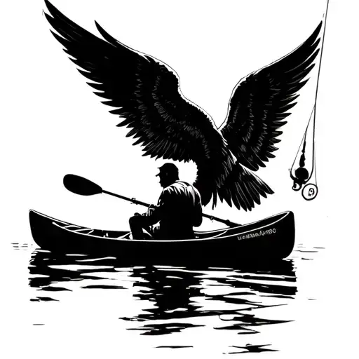 Man Silhouette With Angel Wings Sitting In A Kayak Fishing