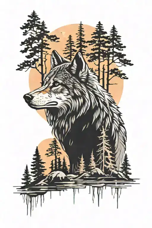 Wolf In A Forest With Skull Blened In The Trees Colors Sunset Over Lake
