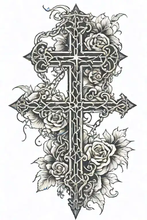 Gothic Chains And Flowers Surrounding Cross
