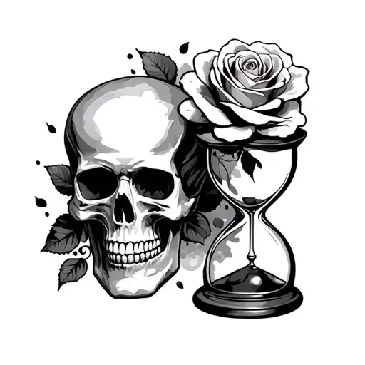 Skull Cloudy Background And Rose And Hour Glass