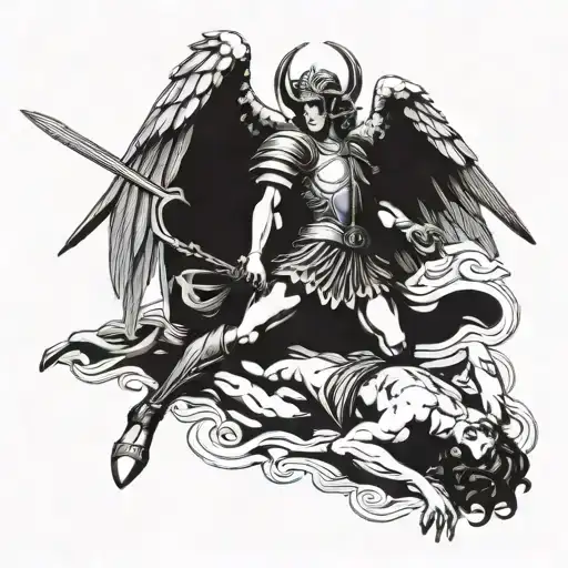 Saint Michael The Archangel Killing And Stepping On The Devil Lying Down