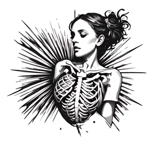 Woman With Guts And Rib Cage Exposed Heart Seen With Rays Coming Out Of Chest
