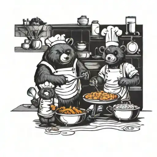 A Playful Tattoo Design Of A Bear Chef Baking With His Kids And Wife In A Blackwork Style