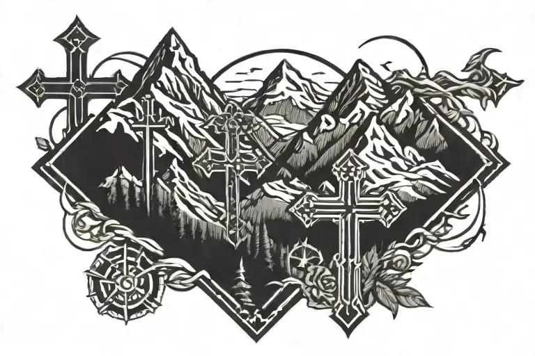 Mountains And Cross Surrounded With Design