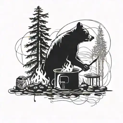 Trash Polka Style Tattoo Of A Chef Cooking Over A Campfire With A Bear Watching Nearby