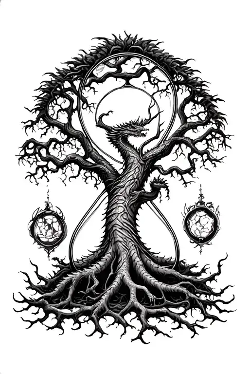 Yggdrasil Tree With Dragon At Roots In A Hourglass