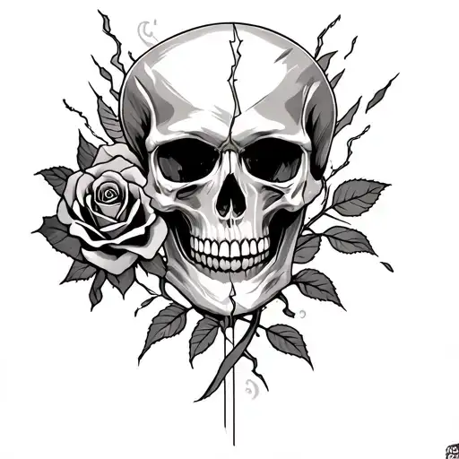 Skull And Rose Plus Lightning On The Right And Left With A Pass Proportion