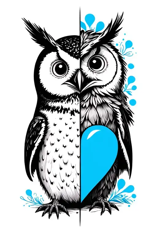 Design Of The Combination Of A Penguin And An Owl In Front With A Blue Heart In Half