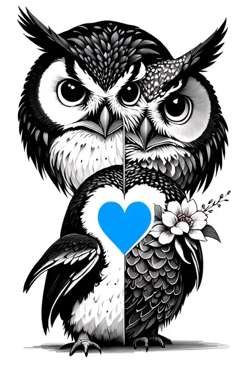 Design Of The Fusion Of A Penguin And An Owl In Front With A Full Blue Heart In Half
