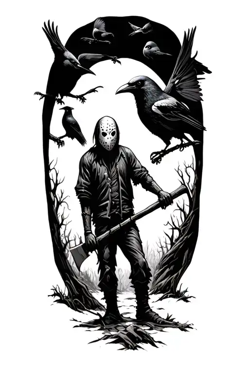 Jason Vorhees With Crows At Camp Crystal Lake Surrounded Holding A Axe