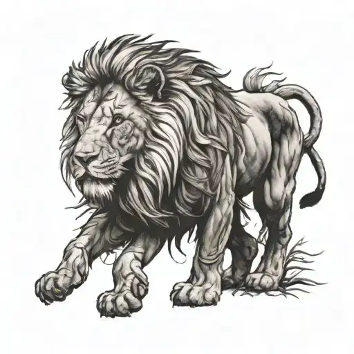 Protective Lion With Paw On Cub Looking