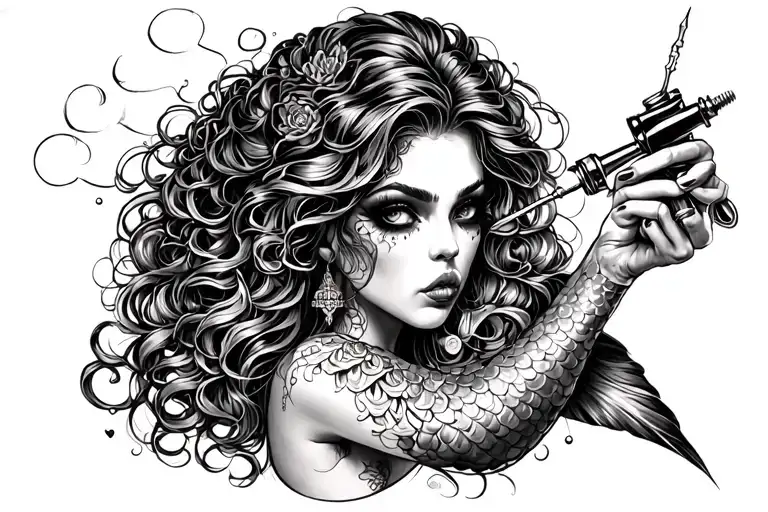 Evil Beautiful Mermaid Holding A Tattoo Machine In One Hand And A Piercing Needle In The Other