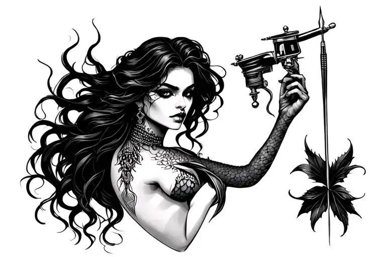 Evil Beautiful Mermaid Holding A Tattoo Machine In One Hand And A Piercing Needle In The Other