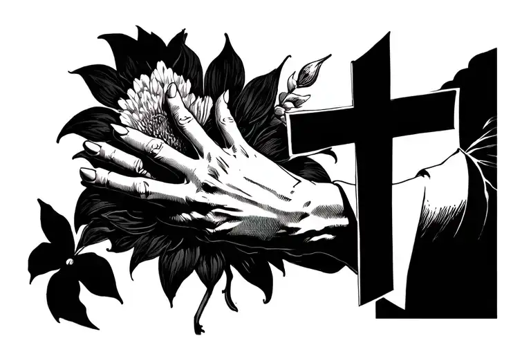 The Hand Of A Man With Crosses And The Hand Of The Devil In The Middle Of A Flower