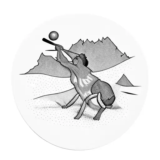 A Mesmerizing Blackwork Design Featuring A Cricket Player Hitting A Ball High Up Into The Mountains
