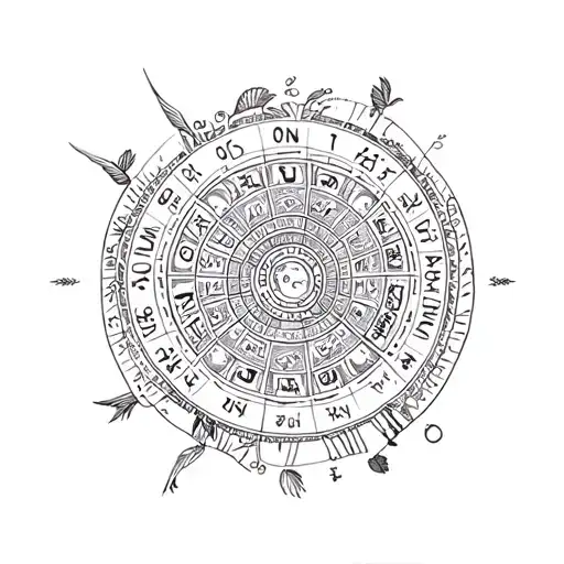 A Blackwork Tattoo Of A Mayan Calendar With Subtle Quetzal And Colibri Motifs