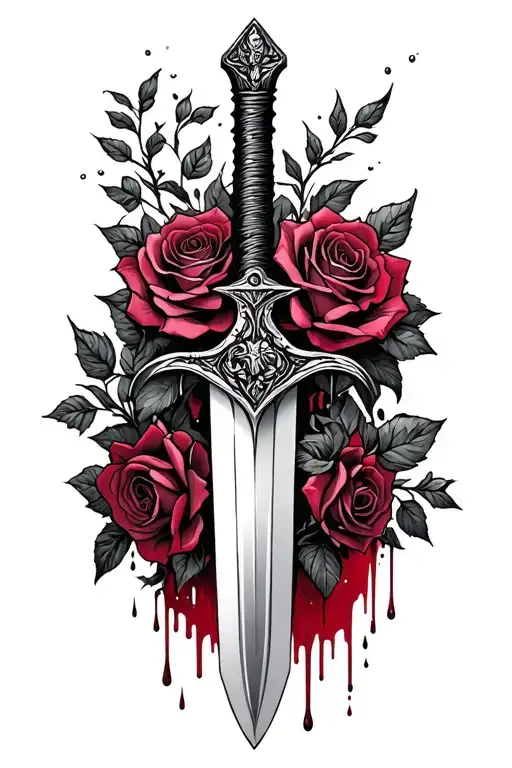 Sword With Roses Wrapped Around And Blood Drops
