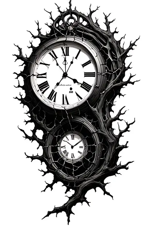 Shattered Clock With Branches Forming Around The Clock And Keeping It In Place