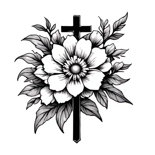 Small Christian Tattoo With Cross In Middle And Flower Blooming