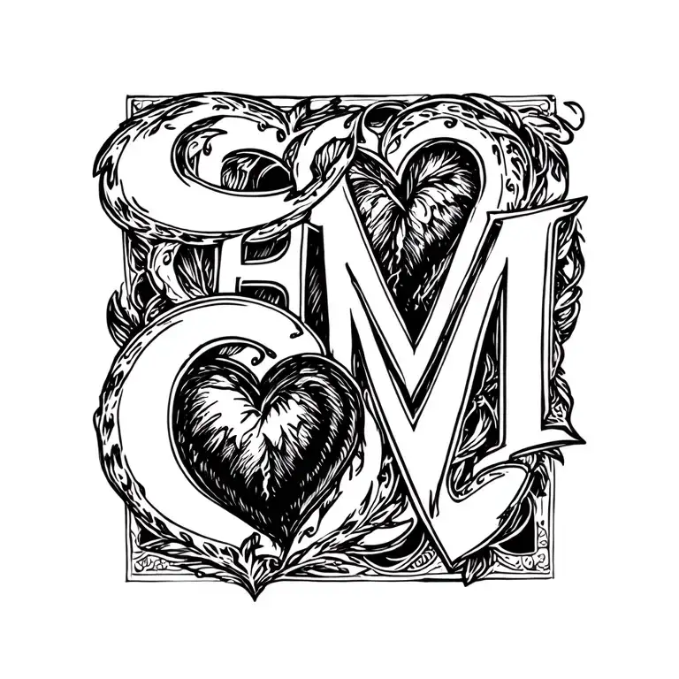 E M Letter Tattoo Heart Design
