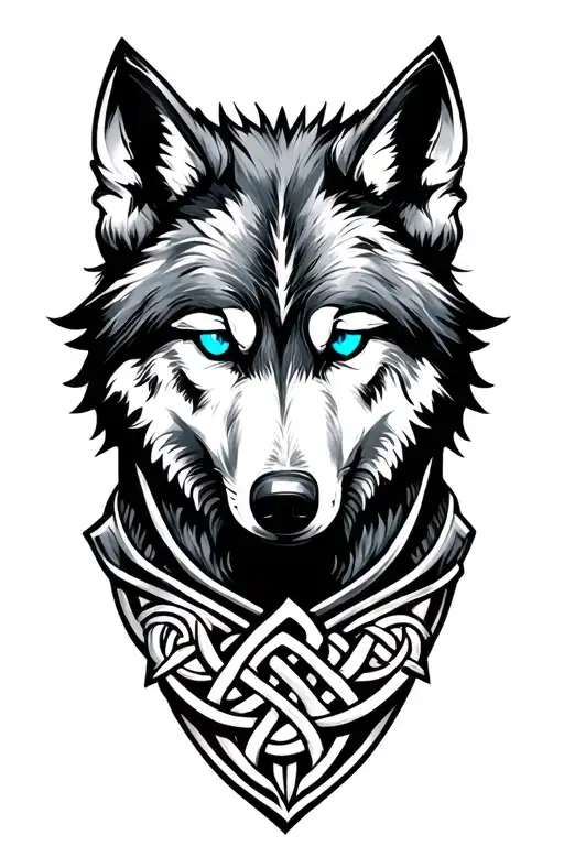 Wolf With Blue Eyes On Armor Tattoo Design Featuring Celtic Trinity Knot