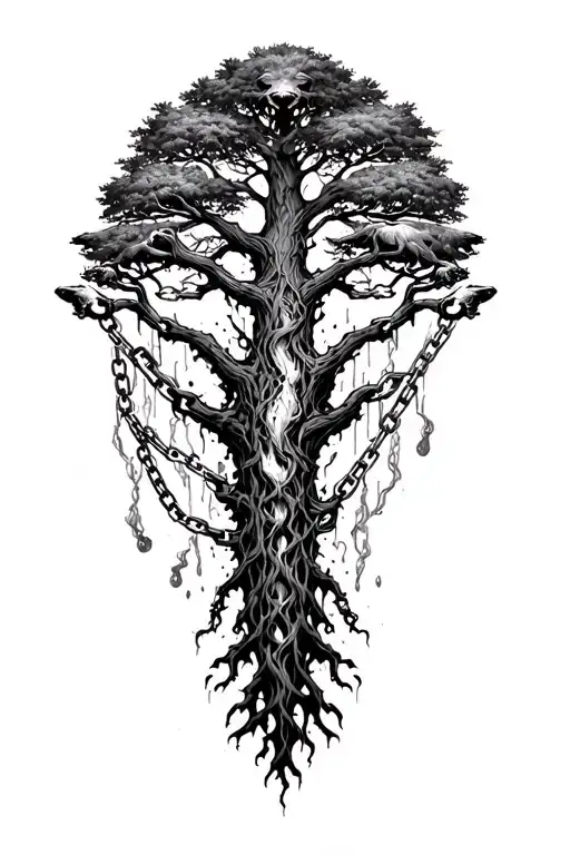 Yggdrasil Tree With Fenrir Wolf And Chains Breaking And Bursting
