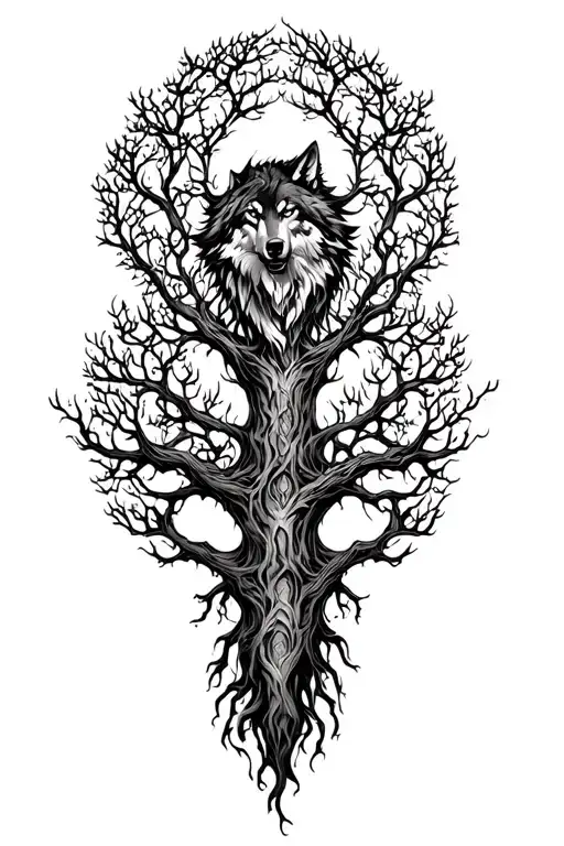 Yggdrasil Tree With Fenrir Wolf