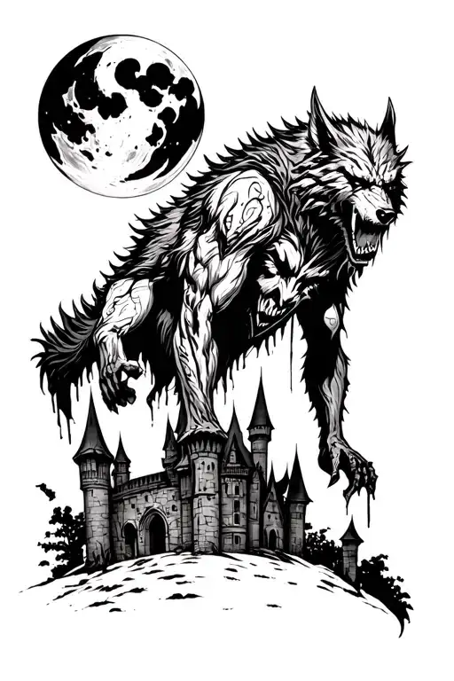Werewolf Under Blood Moon With Vampire With Castle Sleeve