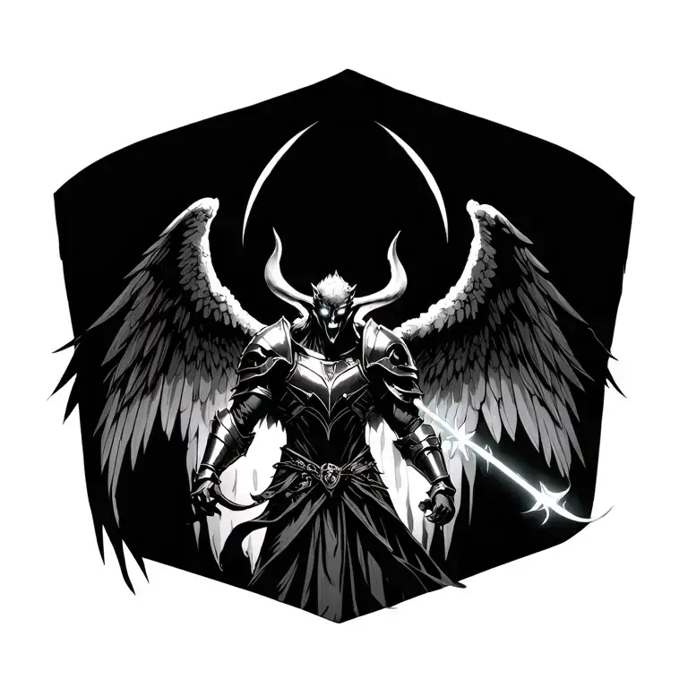 Arch Angel Micheal With Glowing Eyes In Armour Slaying The Devil