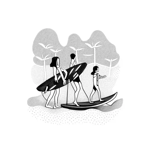 3 Surfers Walking In The Tropical Forest With Their Boards