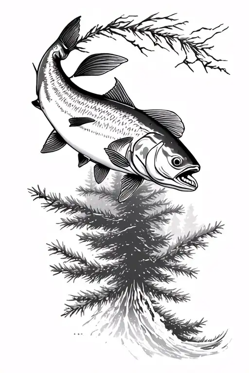 Chinook Salmon Leaping With Fir Tree Backdrop