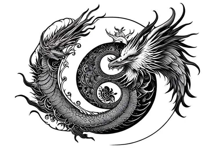 Dragon And Phoenix Yin Yang Tattoo With Mandala Background