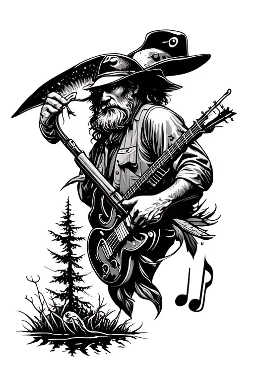 Hunting And Fishing Scene With Music Themed