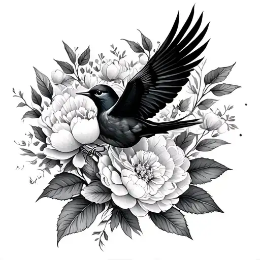 Bird Flying Surrounded By Peonie Flowers And Leaves
