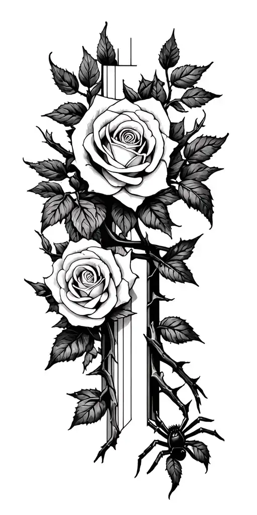 Roses And Thorns Growing Together With A Cross And Spiders