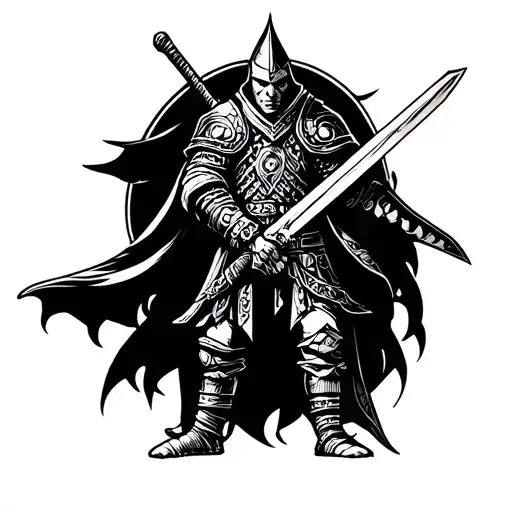 Tattoo Design With Warrior Who Holds A Sword In Hand In Hand